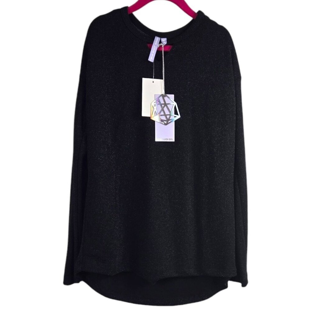 Good Luck Gem Metallic Shimmer Black Long Sleeve Girls Top Size Medium NWT
